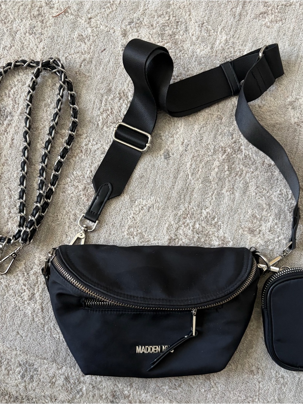 Madden NYC Belt Bag Fannypack Crossbody Shoulder Chain Strap Black Silver Womens